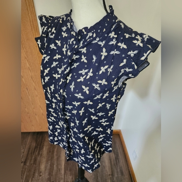 LOFT Navy Blue Bee Print Button Down Shirt - Picture 2 of 6